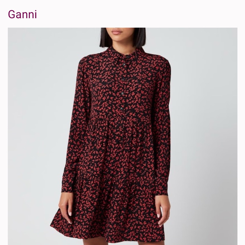 Ganni Floral Black and Red Women's Crepe Dress